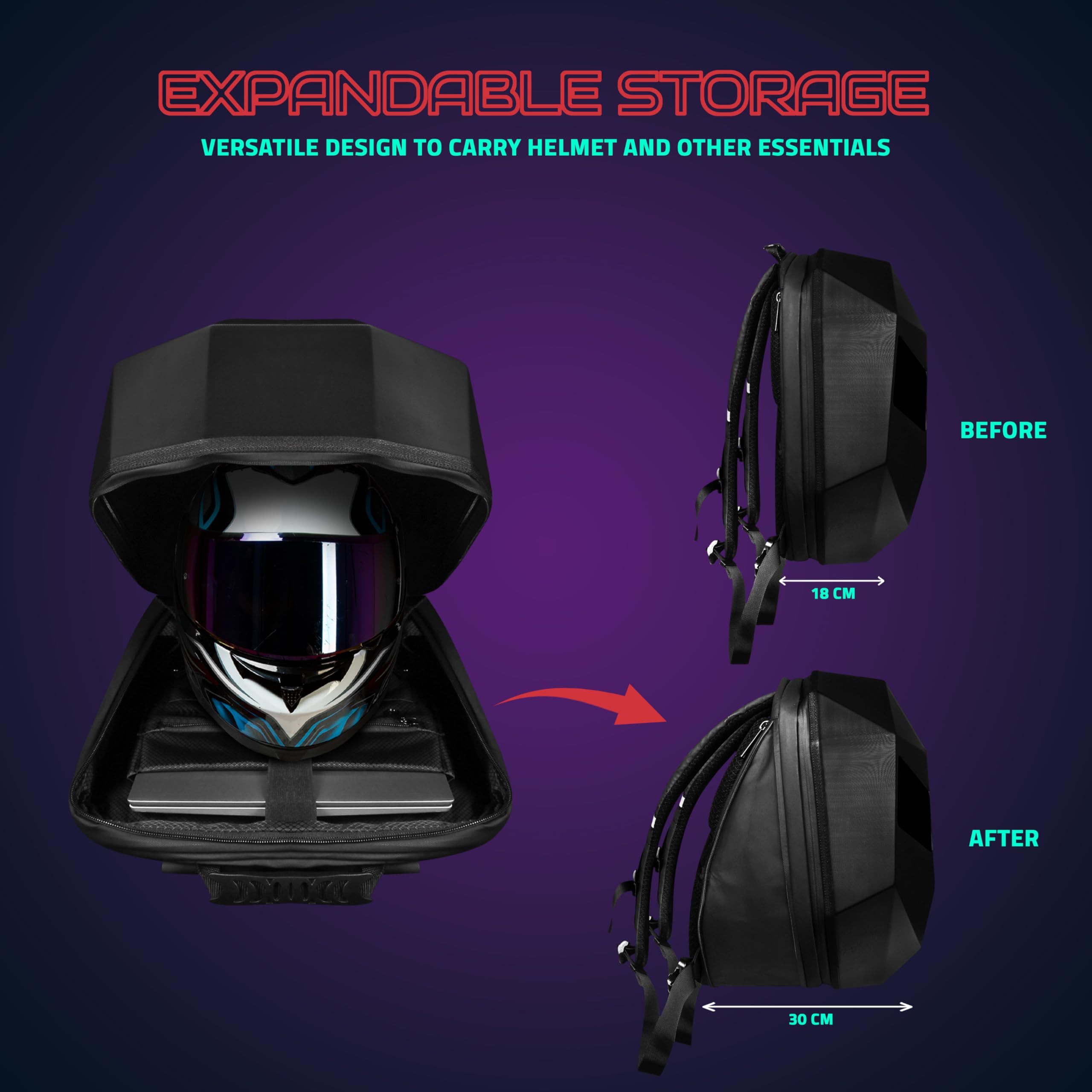 Hookaba Eye Rover LED Backpack 31L (Black) | Motorcycle Riding Bag With Programmable Screen | App Control & Water Resistant | Unisex Expandable Daypack For College, Travel, Laptop, Helmet - Image 3