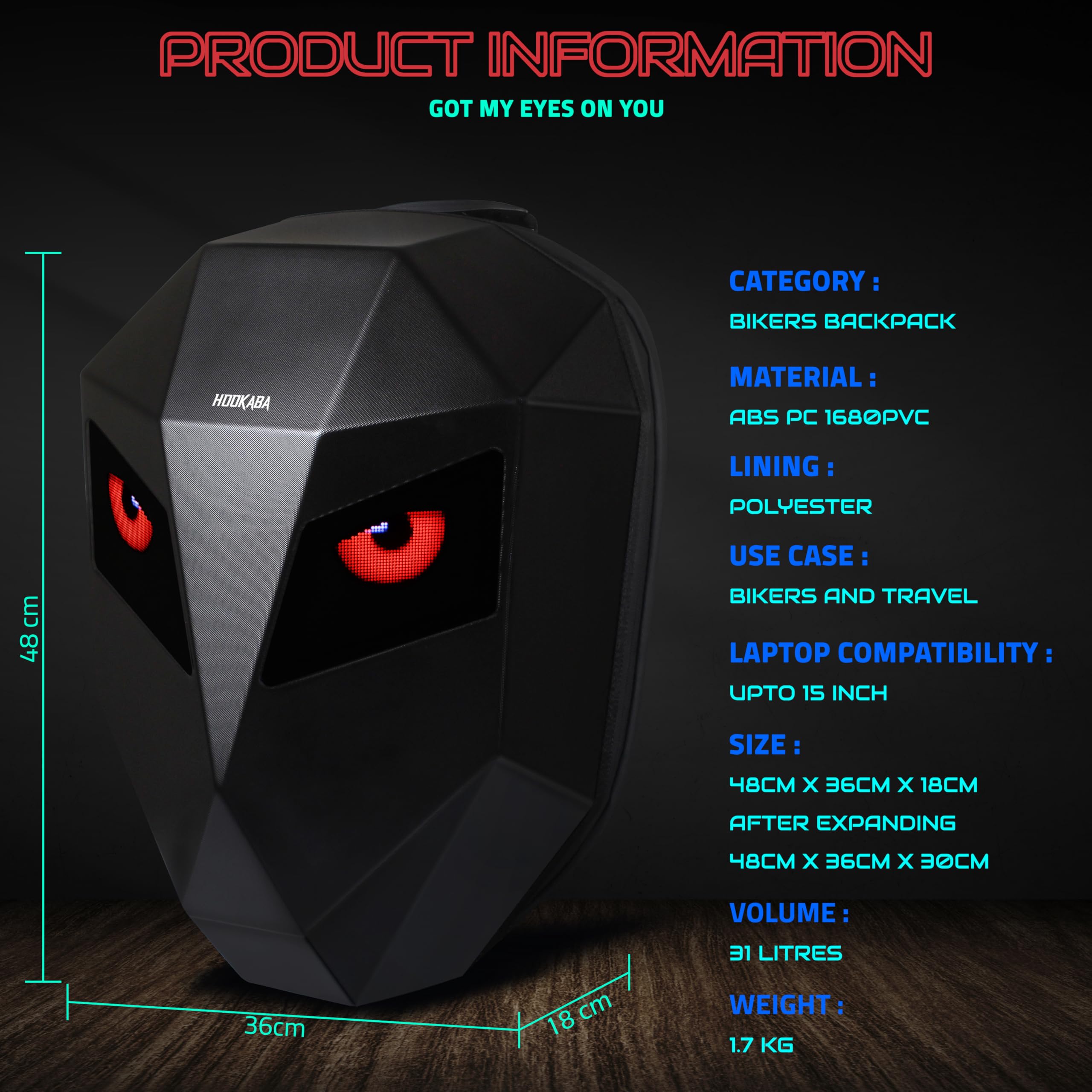 Hookaba Eye Rover LED Backpack 31L (Black) | Motorcycle Riding Bag With Programmable Screen | App Control & Water Resistant | Unisex Expandable Daypack For College, Travel, Laptop, Helmet - Image 7