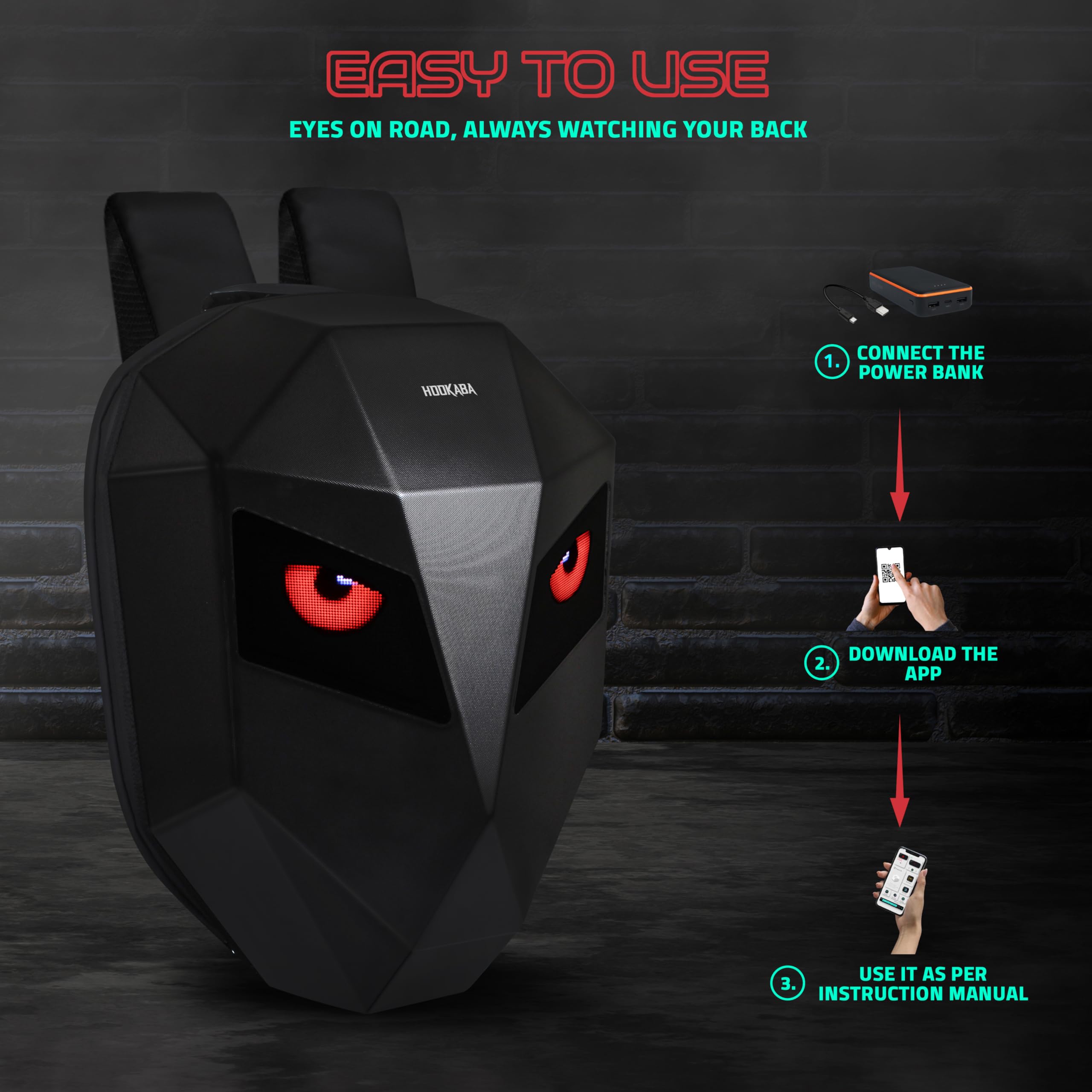 Hookaba Eye Rover LED Backpack 31L (Black) | Motorcycle Riding Bag With Programmable Screen | App Control & Water Resistant | Unisex Expandable Daypack For College, Travel, Laptop, Helmet - Image 8