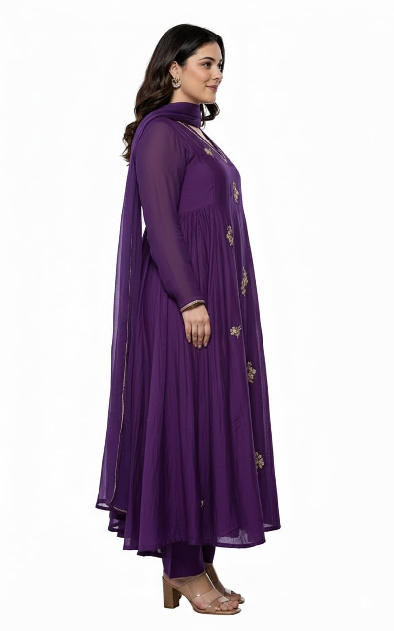 KLOSIA Women Embroidery Solid Anarkali Kurta and Pant Set with Dupatta Purple
