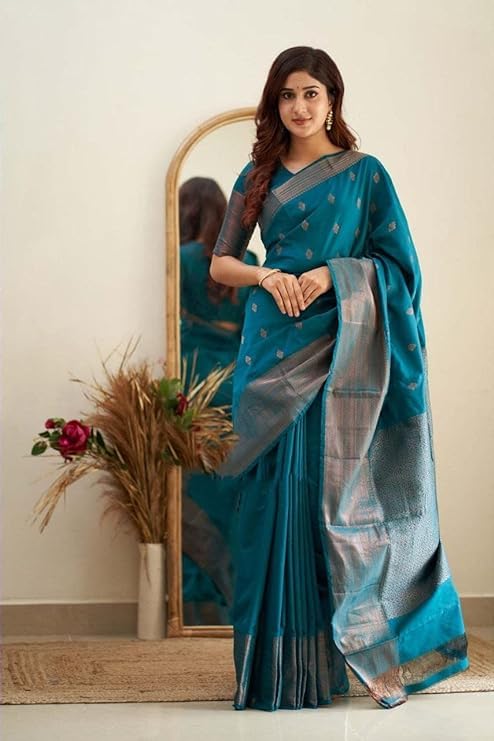 Yashika Women’s Woven Banarasi Kanjivaram Cotton Silk Jaquard Saree (AZ-YS-OG-Bilal-Parent_Blue)