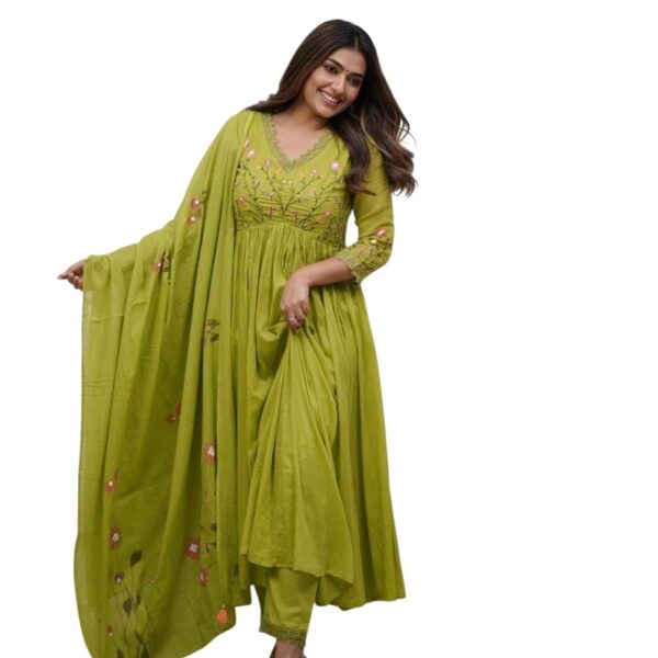 Women's Cotton Embroidered Long Anarkali Kurti with Pant and Dupatta Set (Apple Green-M) dress material - Shoppermaart