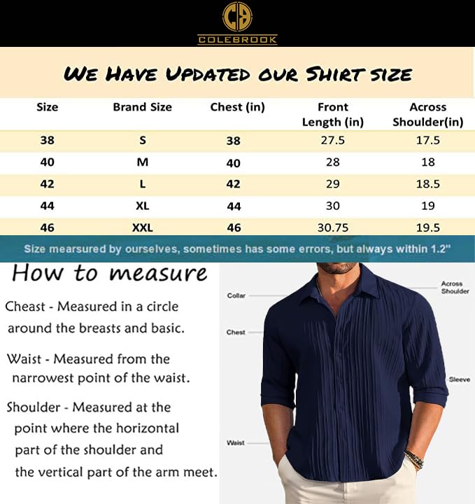 CB-COLEBROOK Men’s Casual Button Down Shirts Long Sleeve Linen Shirt Fashion Textured Beach Summer Shirt (in, Alpha, L, Regular, Navy Blue)