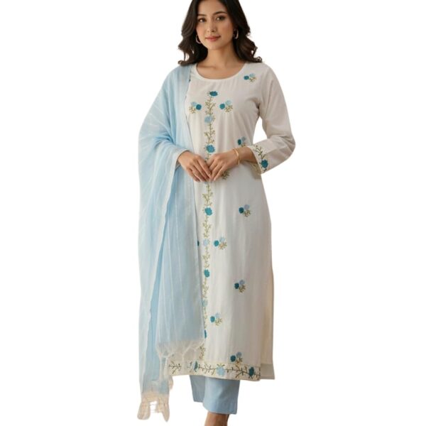 KNPLUS Women’s Elegant Embroidered Cotton Kurta Set with Dupatta | Ethnic Wear Straight Kurti Pant Set | Traditional Festive & Casual Wear for Women (IN, Alpha, L, Regular, White&Skyblue) dress material - Shoppermaart