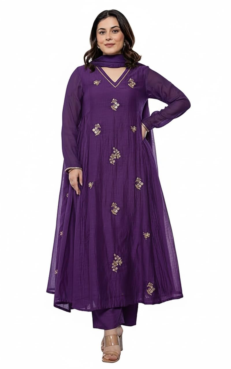 KLOSIA Women Embroidery Solid Anarkali Kurta and Pant Set with Dupatta Purple dress material - Shoppermaart