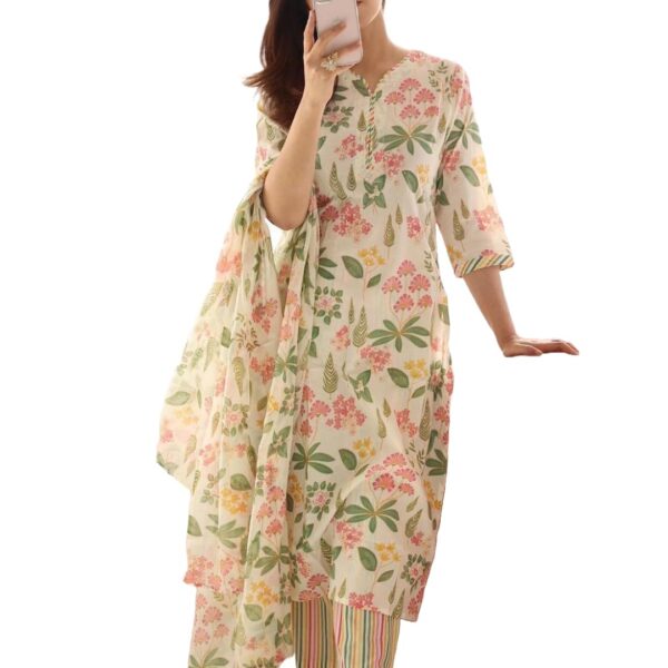ANNI DESIGNER Women's Cotton Blend Printed Straight Kurta with Pant & Dupatta (Kumud Cream_4XL_Cream_XXXX-Large) dress material - Shoppermaart
