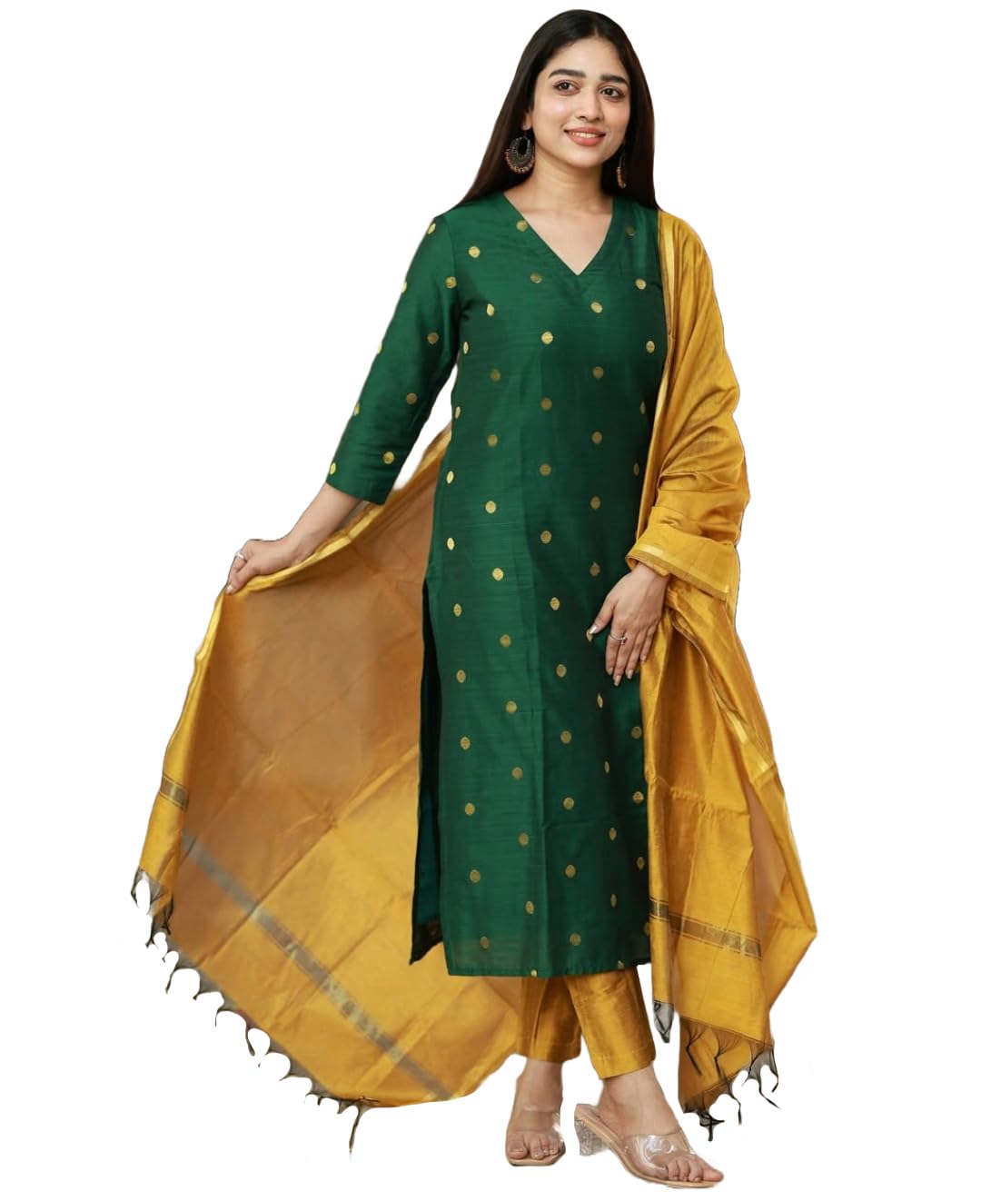 GoSriKi Women's Rayon Viscose Straight Printed Kurta with Pant & Dupatta (SDF Green-VKS01-GS_4XL_Green_XXXX-Large) dress material - Shoppermaart