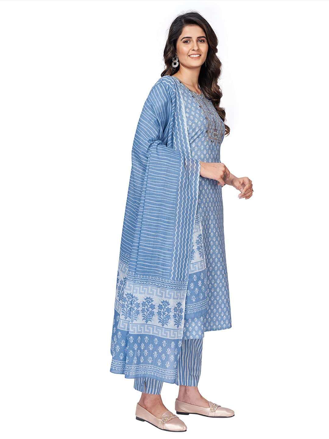 Vbuyz Women's Cotton Printed & Embroidered Straight Kurta Pant with Dupatta| Kurta Set for Women | Suit Set for Women | Kurti Dress Set | Cotton Fabric Set Blue - Image 7