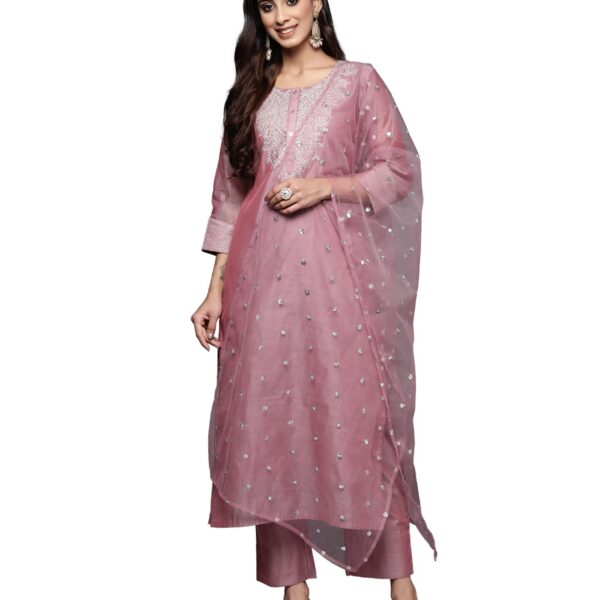 Varanga Women Pink Zari Embroidered A-Line Kurta with Bottom and Dupatta – Kurti Set with Dupatta for Women (Extra Large)-Celebrate Diwali & Chhath Pooja dress material - Shoppermaart