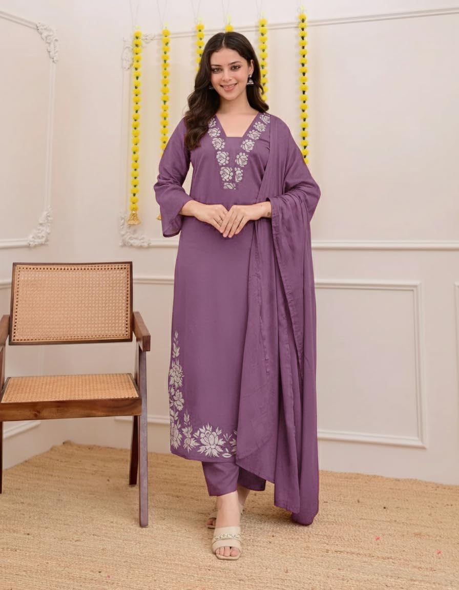 ANNI Designer Women’s Rayon Viscose Straight Embroidery Kurta with Pant & Dupatta (FULKUMARI Purple_M_Purple_Medium)