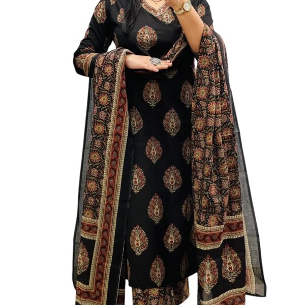 Rangnavi Women's Cotton Trending Straight Kurta with Pants and Dupatta Set | Ethnic Set (Black) dress material - Shoppermaart