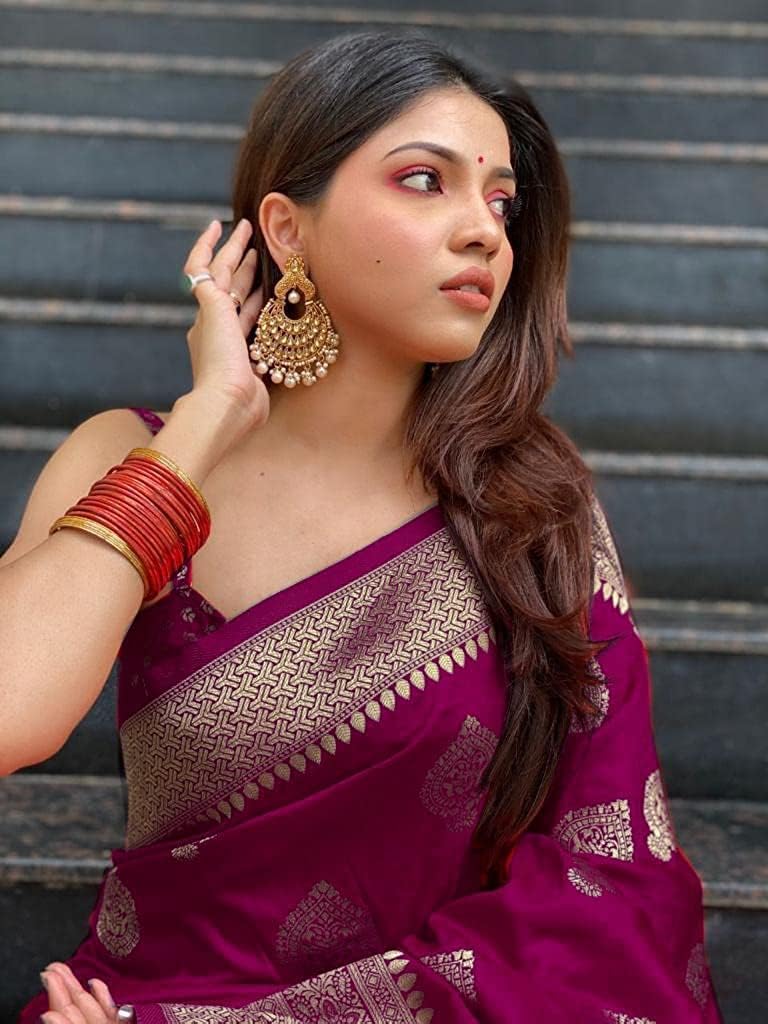 C J Enterprise Women’s Banarasi Silk Saree Pure Soft Kanjivaram Sari Party Design Wear Pattu Sarees Latest Cotton With Blouse Piece For Wedding Sadi New Ladies 2026 500 collection 1000 (Pari122 Wine)