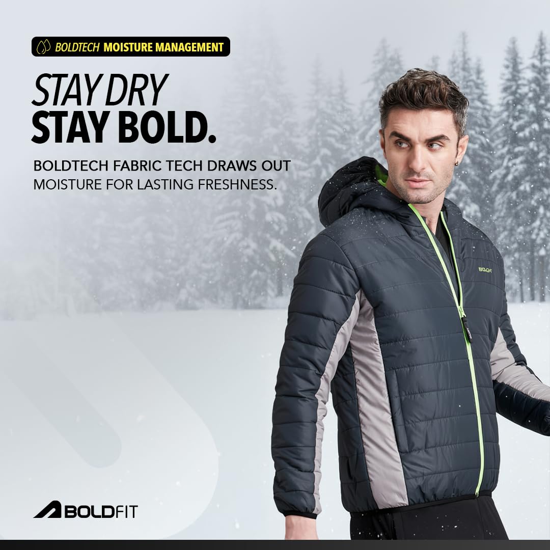 Boldfit Men’s Quilted Polyester Standard Length Jacket Monsoon Winter Wear Hooded Winter Padded Bomber Full Sleeve Jacket Black Charcoal 2XL