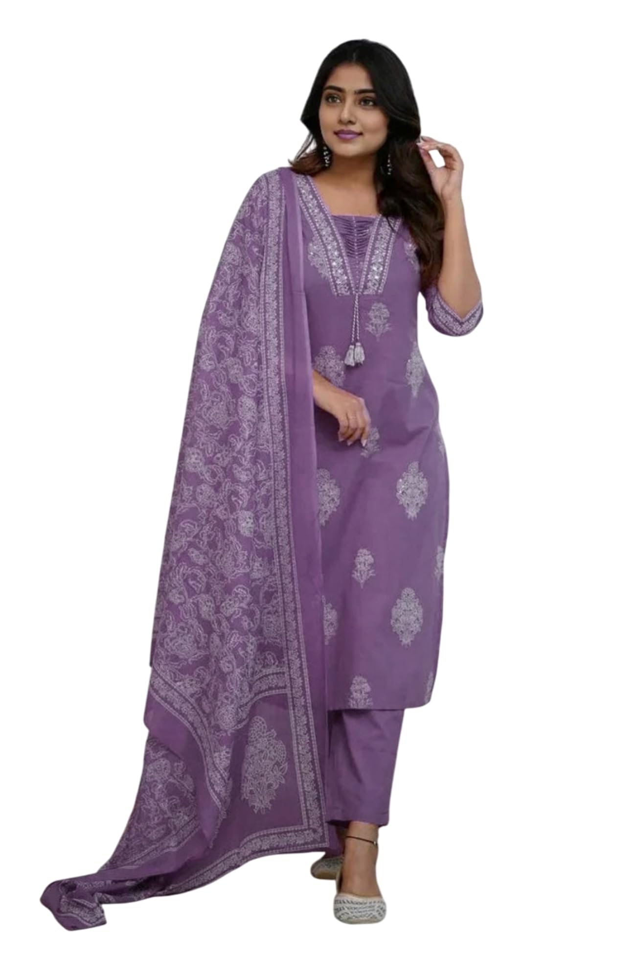 PARTHV Women's Pure Cotton Printed with Handwork Kurta with Pants and Dupatta Set, Wedding Ethnic Suit Set, P-1079, Purple, XXL dress material - Shoppermaart