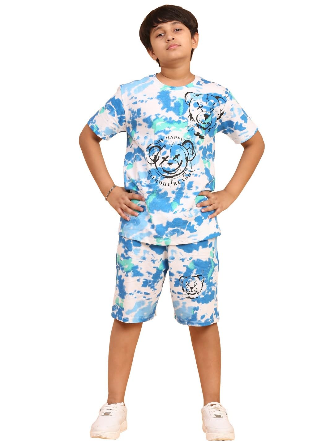 Ninos Dreams Boys Cotton T-shirt & Shorts Coord set/Boys' Soccer Ball - Dinosaur Print Cotton Coord Set - Casual Summer Tee & Shorts Outfit for Kids (10-12 Years, Blue White) dress material - Shoppermaart