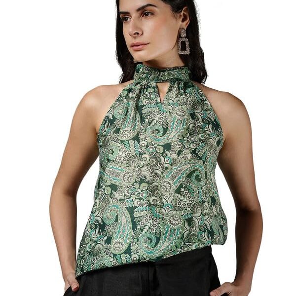FableStreet Women's Paisley Halter Neck Top - Green dress material - Shoppermaart