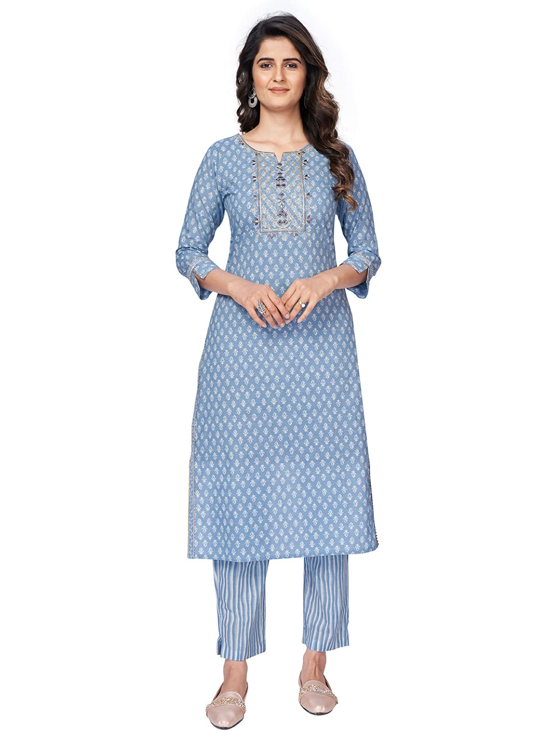 Vbuyz Women's Cotton Printed & Embroidered Straight Kurta Pant with Dupatta| Kurta Set for Women | Suit Set for Women | Kurti Dress Set | Cotton Fabric Set Blue - Image 9