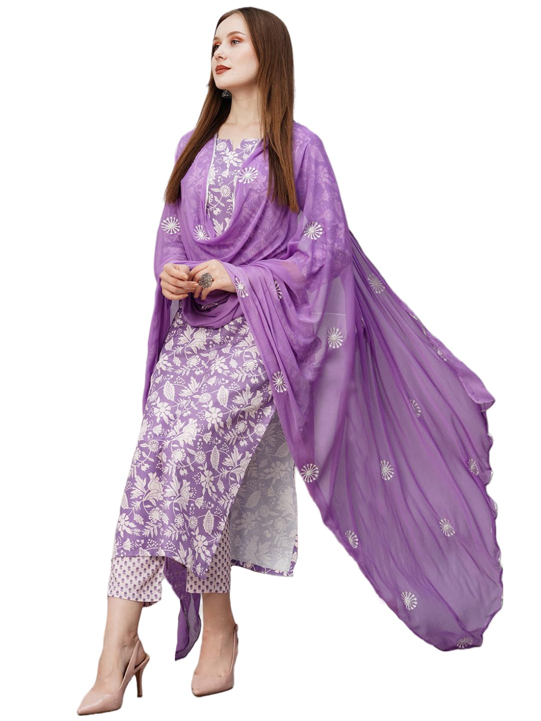 GoSriKi Women's Cotton Blend Floral Straight Kurta with Pant & Dupatta (MEI Purple-NW-GS X-Large) dress material - Shoppermaart