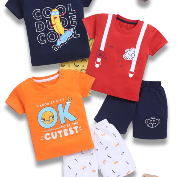 Toonyport Boys Cotton Blend T-Shirt and Shorts Set, Animal Print Design, Pack of 3, Navy, Red and Orange (Pack Of 3) (6 Months - 12 Months) dress material - Shoppermaart