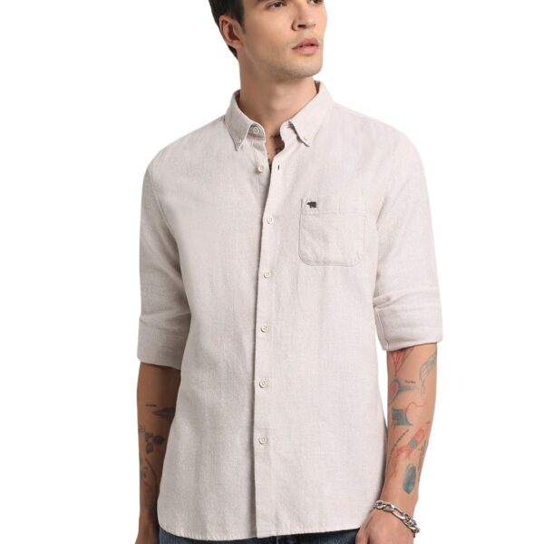 THE BEAR HOUSE Men's Cotton Solid Slim Fit Flannel Casual Shirt Cream dress material - Shoppermaart