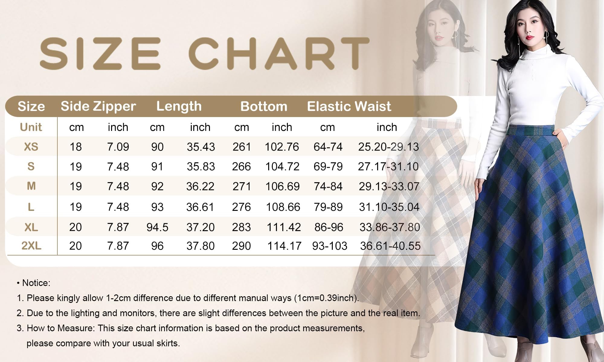 Leyoutx Polyester Women’s Winter Warm Wool Plaid High Waist A-Line Drape Pleated Maxi Skirts with Pockets, Blue, XX-Large