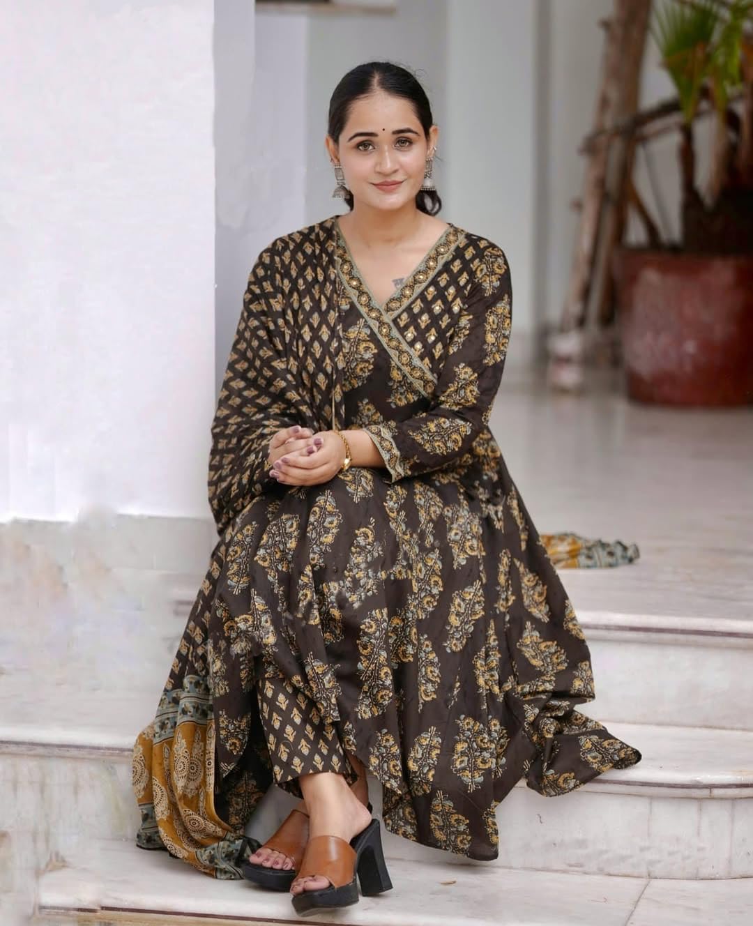 Nermosa Women Printed Angarakha Flared Kurta and Pant Set with Dupatta (IN, Alpha, S, Brown)