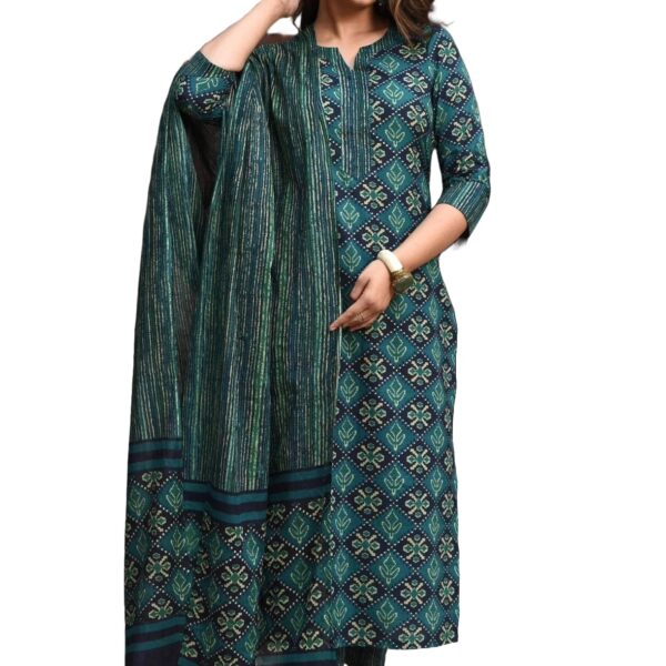 LookMark Women's Printed Cotton Blend Straight Kurta Pant Dupatta Set - Stylish Ethnic Wear for Women (AZ-LM-OG-KS2116-XL) Green dress material - Shoppermaart