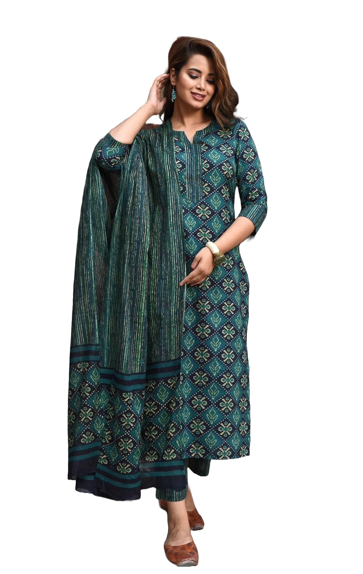 LookMark Women's Printed Cotton Blend Straight Kurta Pant Dupatta Set - Stylish Ethnic Wear for Women (AZ-LM-OG-KS2116-XL) Green dress material - Shoppermaart