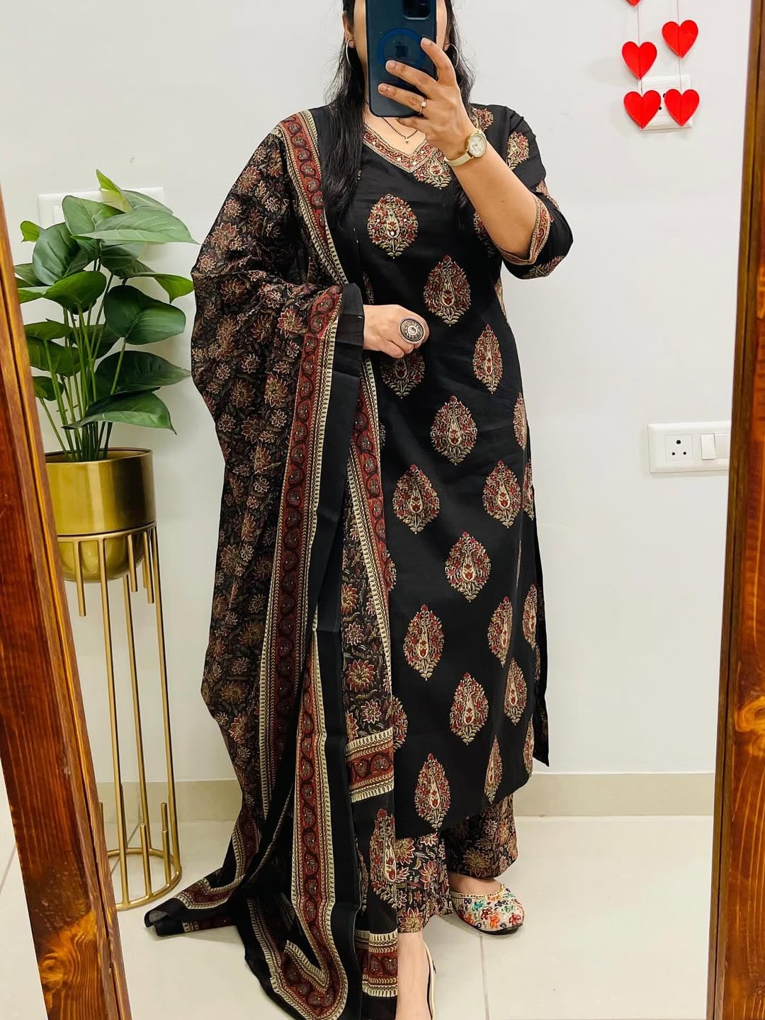 Rangnavi Women’s Cotton Trending Straight Kurta with Pants and Dupatta Set | Ethnic Set (Black)