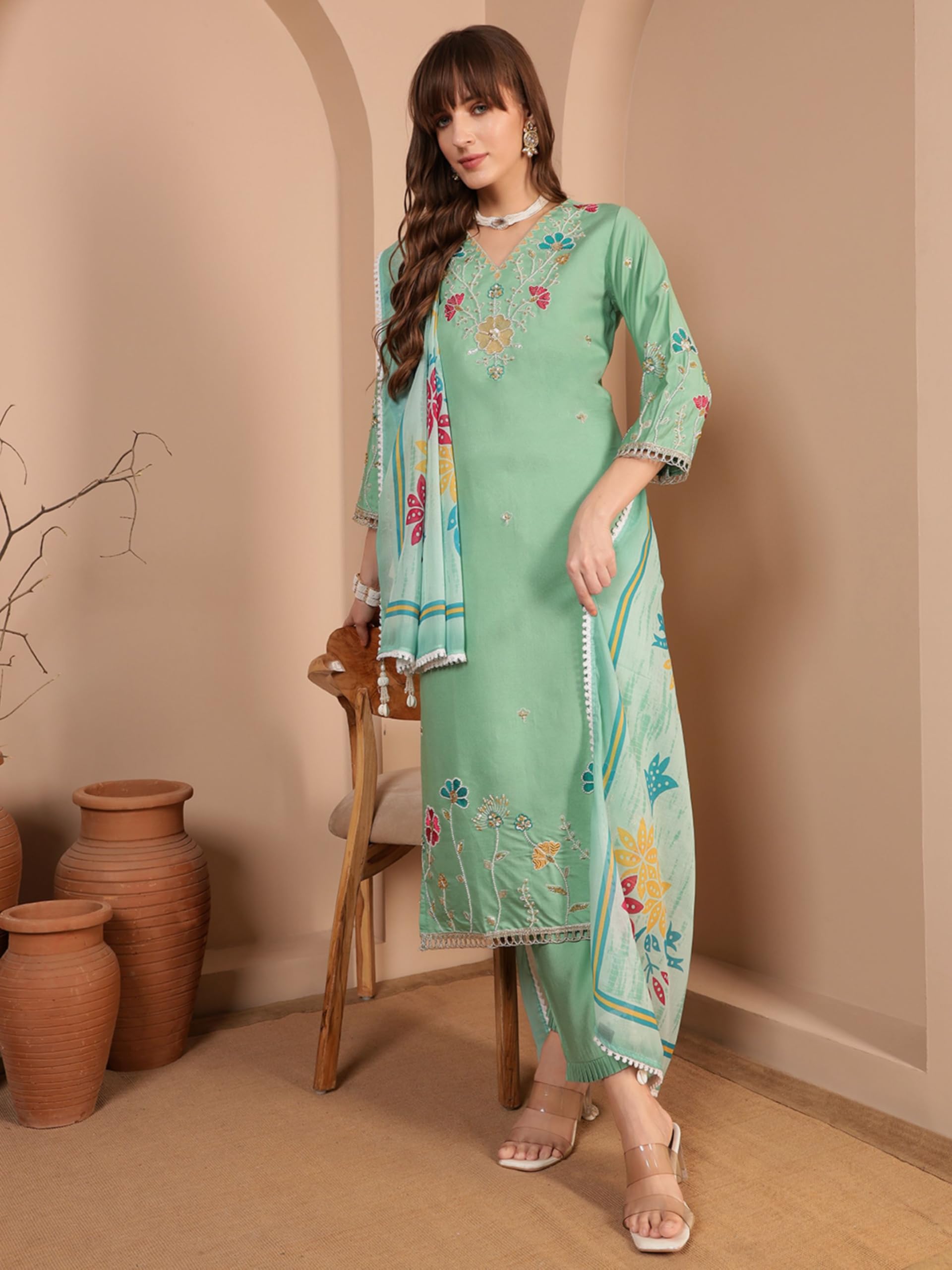 SHOPPING QUEEN Women’s Viscose Embroidered Kurta Set with Dupatta (A650_Mint Green_M)