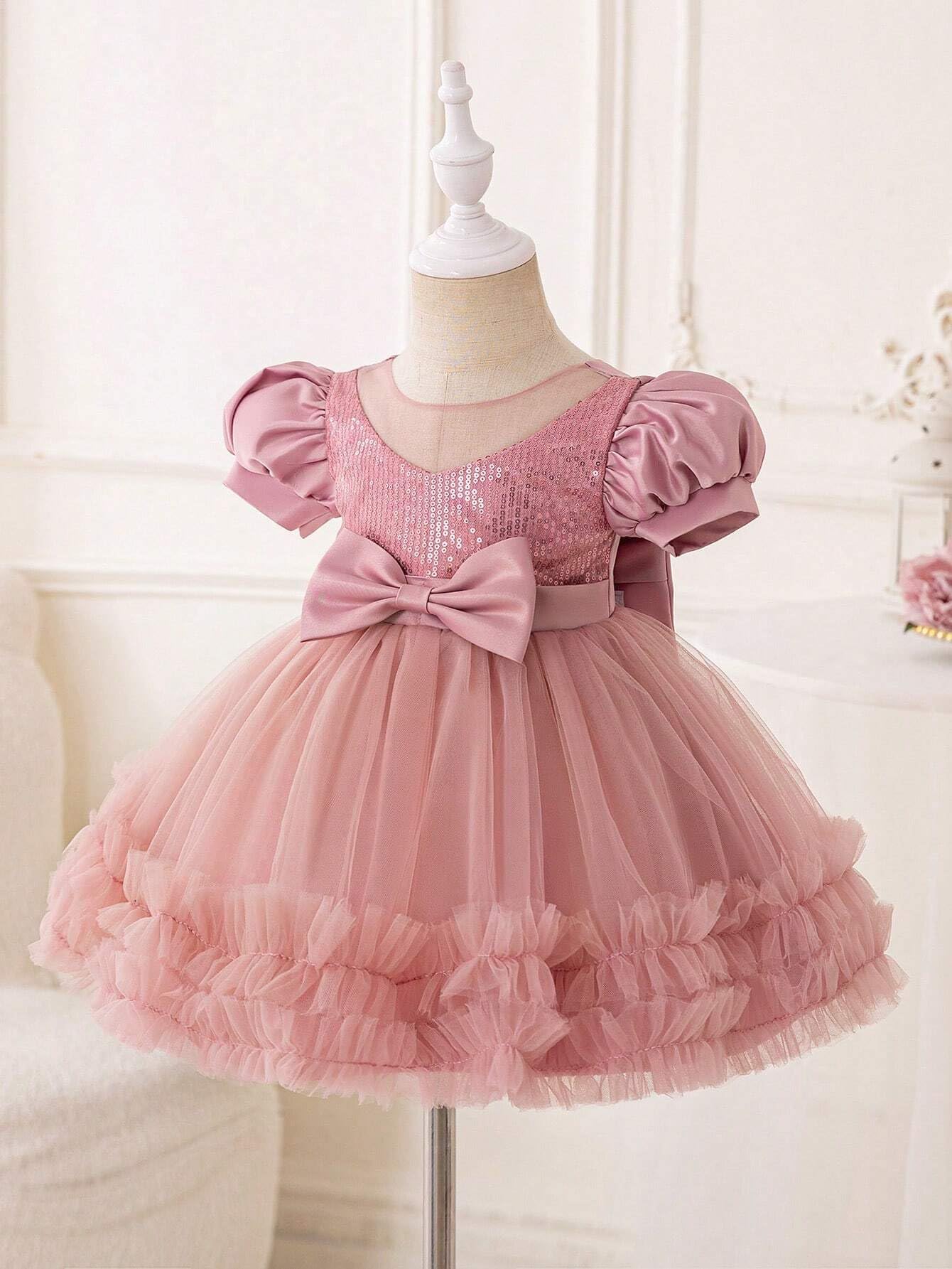 Niren Enterprise Rollar Frock net Embroidery Work Ruffle Patterned Flared Short Sleeve Baby Girl Frock, Pack of 1 (ROLLAR Frock, 6-12M) Orange - Image 6