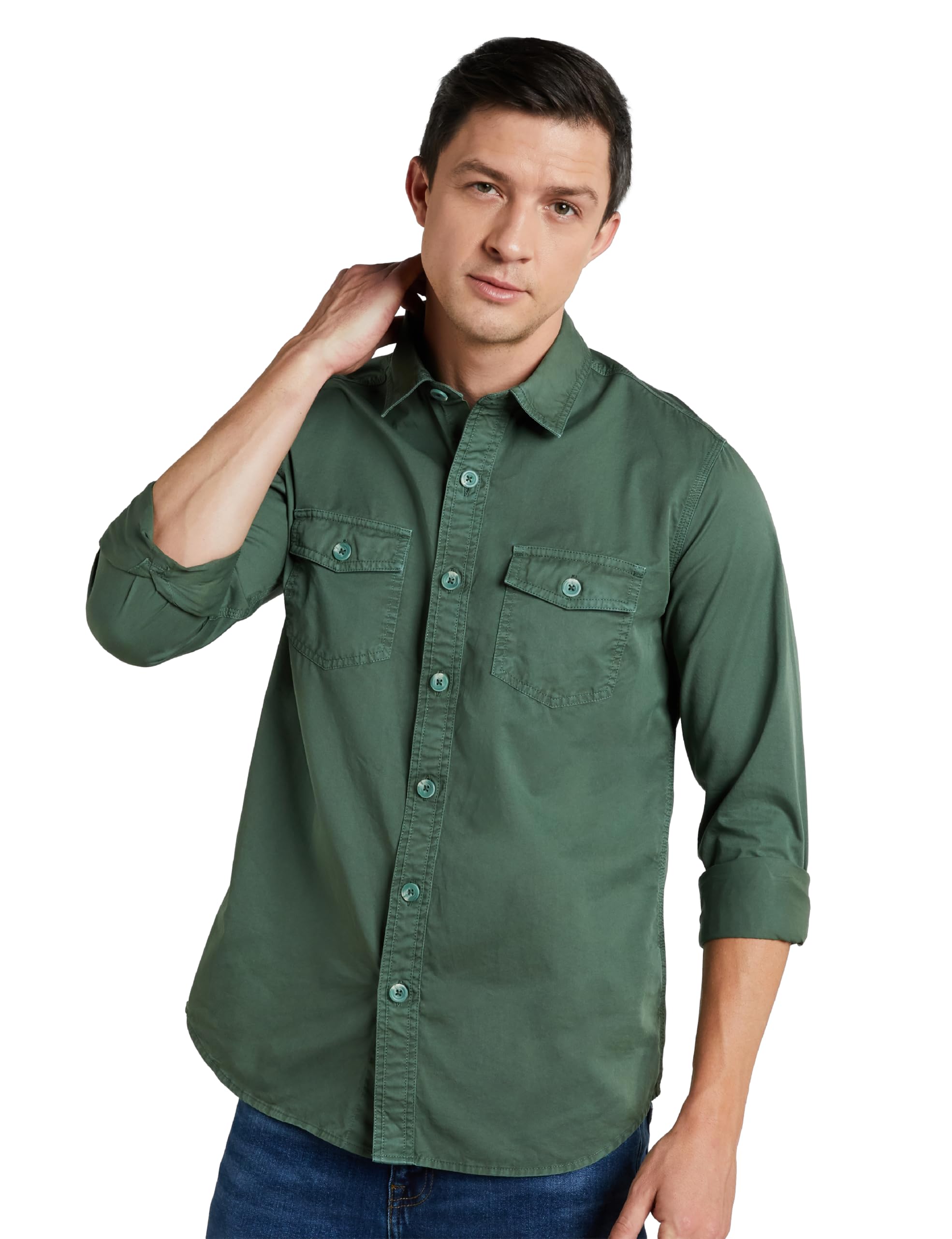 Symbol Premium Men's Casual Washed Cotton Twill Shirt (Regular Fit) (Green_Small) dress material - Shoppermaart