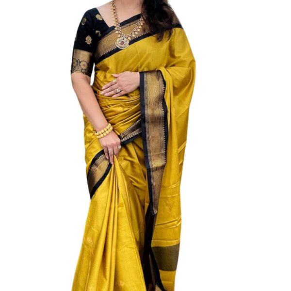 SGF11 Women's Kanjivaram Soft Lichi Silk Saree With Blouse Piece (Yellow Black) dress material - Shoppermaart