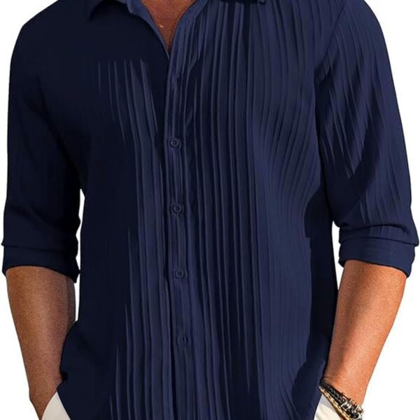 CB-COLEBROOK Men's Casual Button Down Shirts Long Sleeve Linen Shirt Fashion Textured Beach Summer Shirt (in, Alpha, L, Regular, Navy Blue) dress material - Shoppermaart