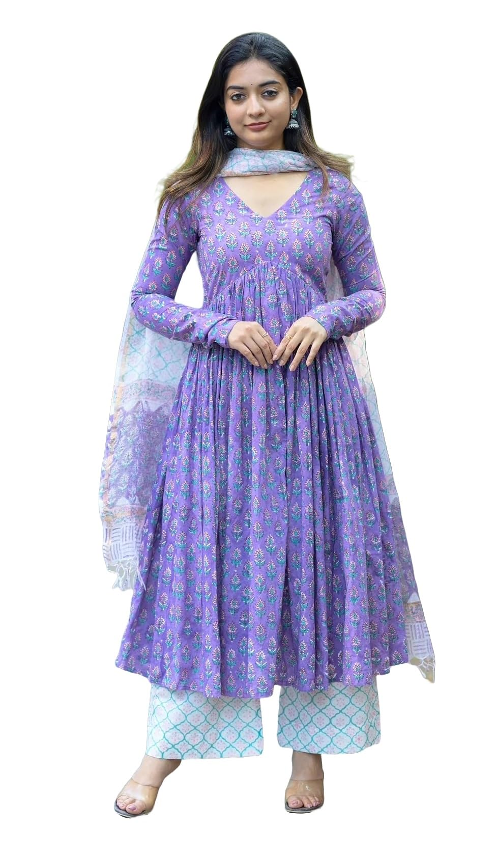 Nermosa Women Printed Anarkali Kurta and Pant Set with Dupatta (in, Alpha, XL, Purple) dress material - Shoppermaart