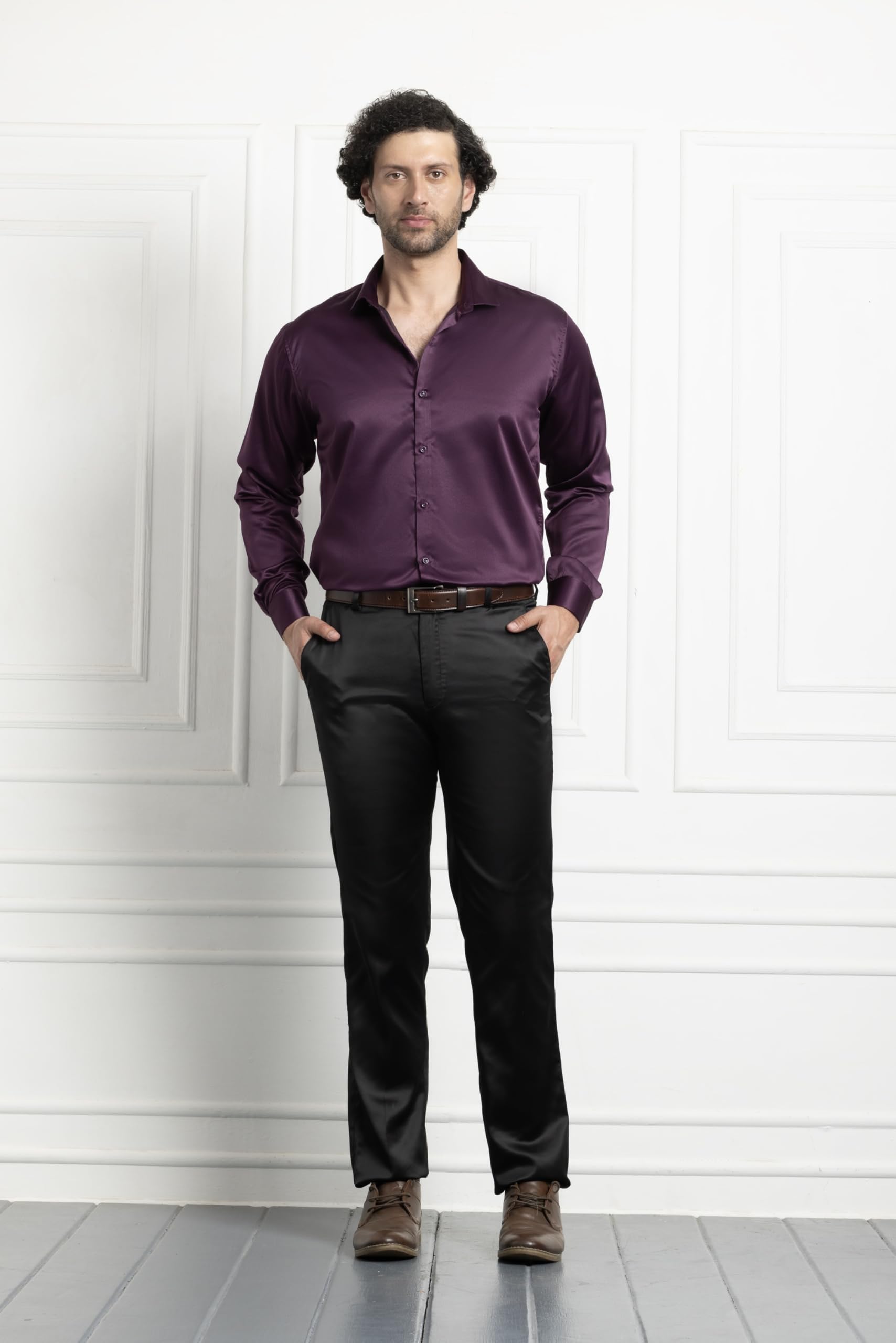 CVC Mens Satin Regular Fit Formal Shirt. Wine Purple-L