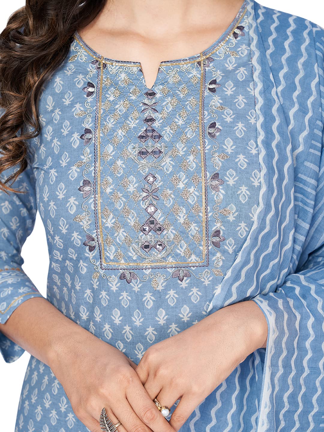 Vbuyz Women's Cotton Printed & Embroidered Straight Kurta Pant with Dupatta| Kurta Set for Women | Suit Set for Women | Kurti Dress Set | Cotton Fabric Set Blue - Image 5