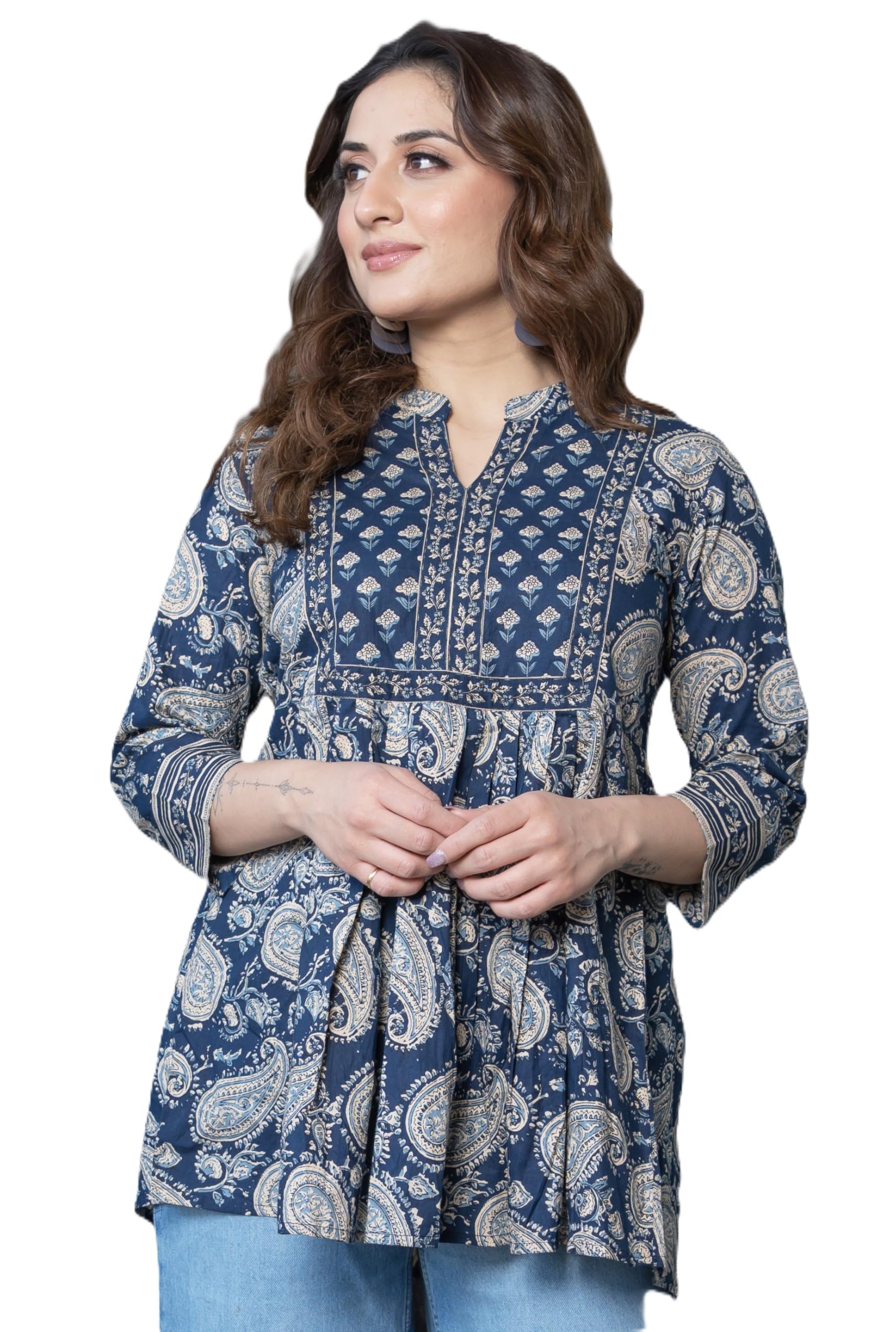 Arayna Women's Pure Cotton Paisley Printed Tunic Top – Comfortable Everyday Wear (in, Alpha, S, Regular, Indigo Blue) dress material - Shoppermaart