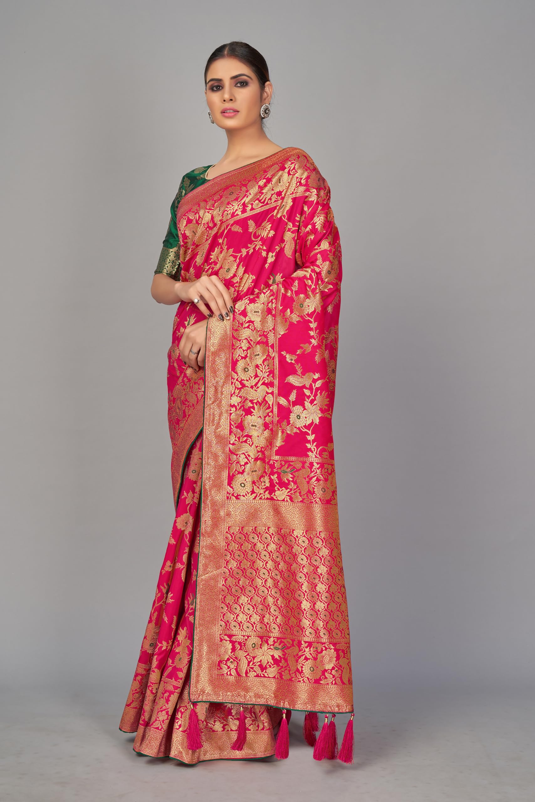 Monjolika Fashion Women's Banarasi Silk Blend Woven Zari With Tussles Saree and Jacquard Woven Blouse Piece (37765 color) (Magenta) - Image 7