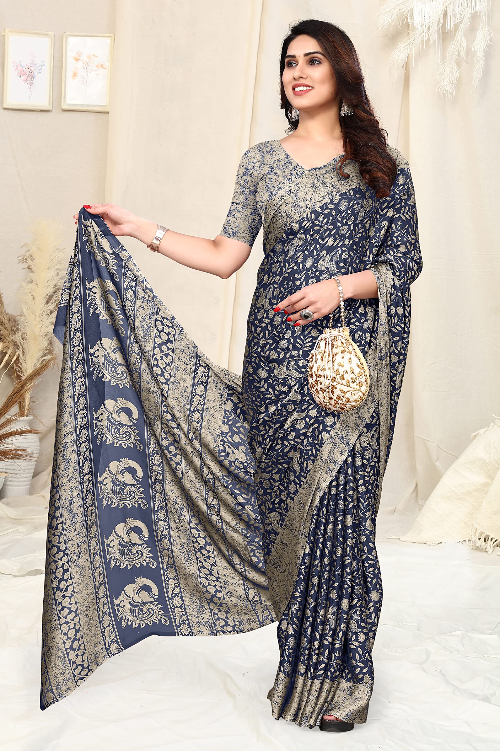 MIRCHI FASHION Chiffon Georgette Madhubani Printed Sarees for Women with Blouse Piece (38443-Navy Blue, Beige)