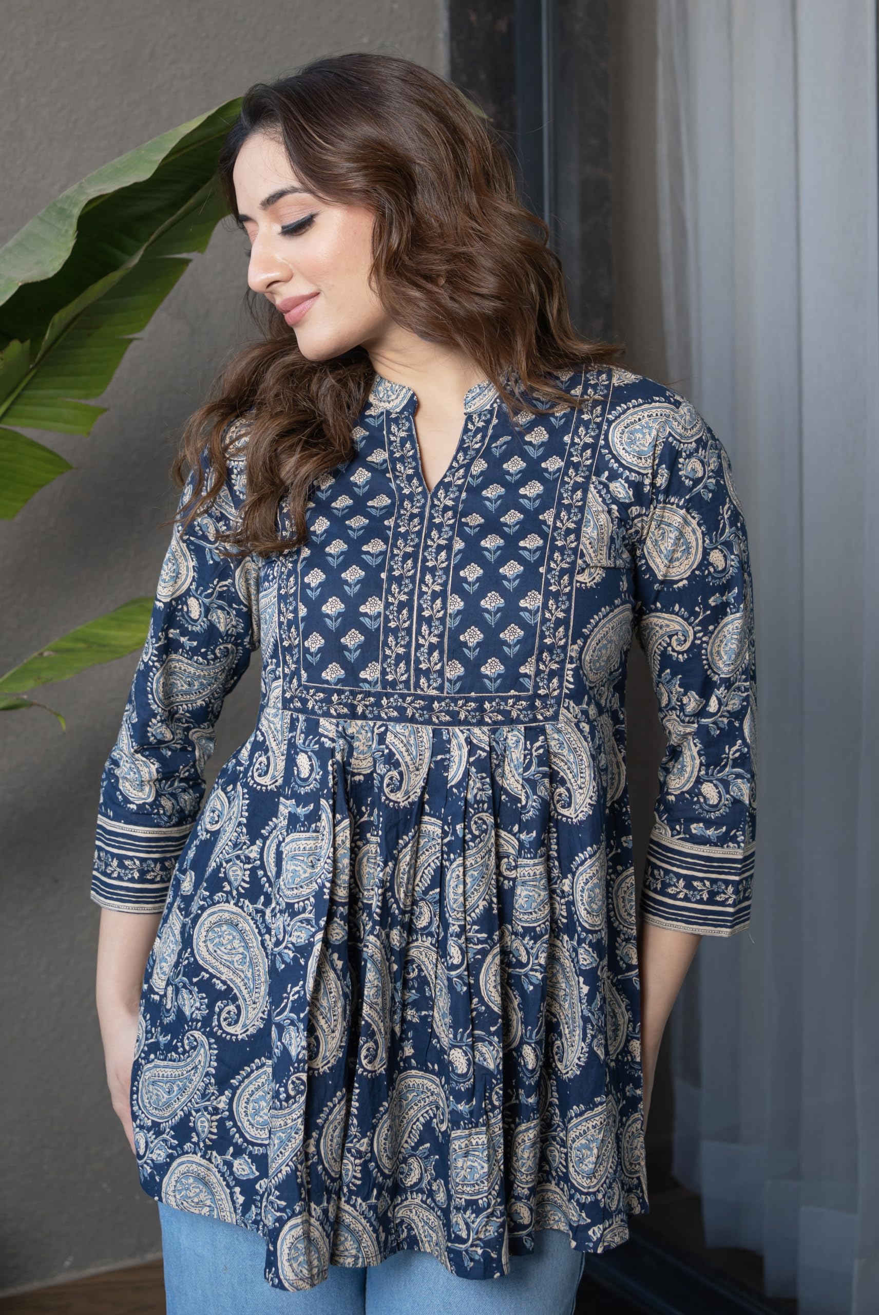 Arayna Women's Pure Cotton Paisley Printed Tunic Top – Comfortable Everyday Wear (in, Alpha, S, Regular, Indigo Blue) - Image 3