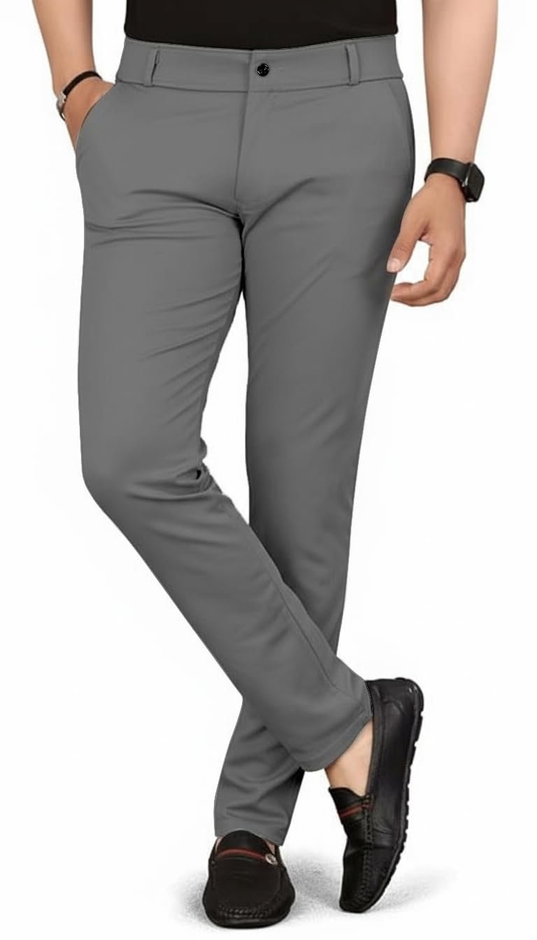 Mehrang Men's Slim Fit Casual Mid Rise Trousers, Cotton Blend, Side Pockets || Classic Slim Fit Chino Pants || Business Casual Dress Trousers (in, Alpha, XL, Regular, Dark Grey) - Image 4