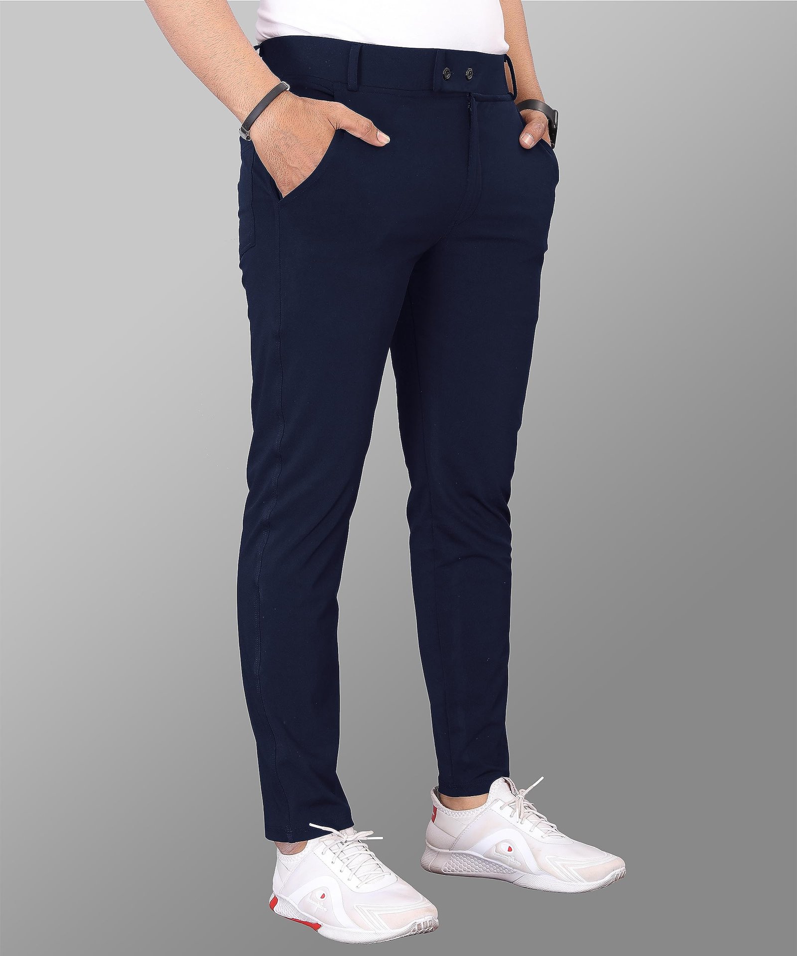 Mehrang Men's Mid Rise Slim Fit Casual Trousers, Cotton Blend, Side Pockets (Numeric, 32, Regular, Navy Blue) - Image 5